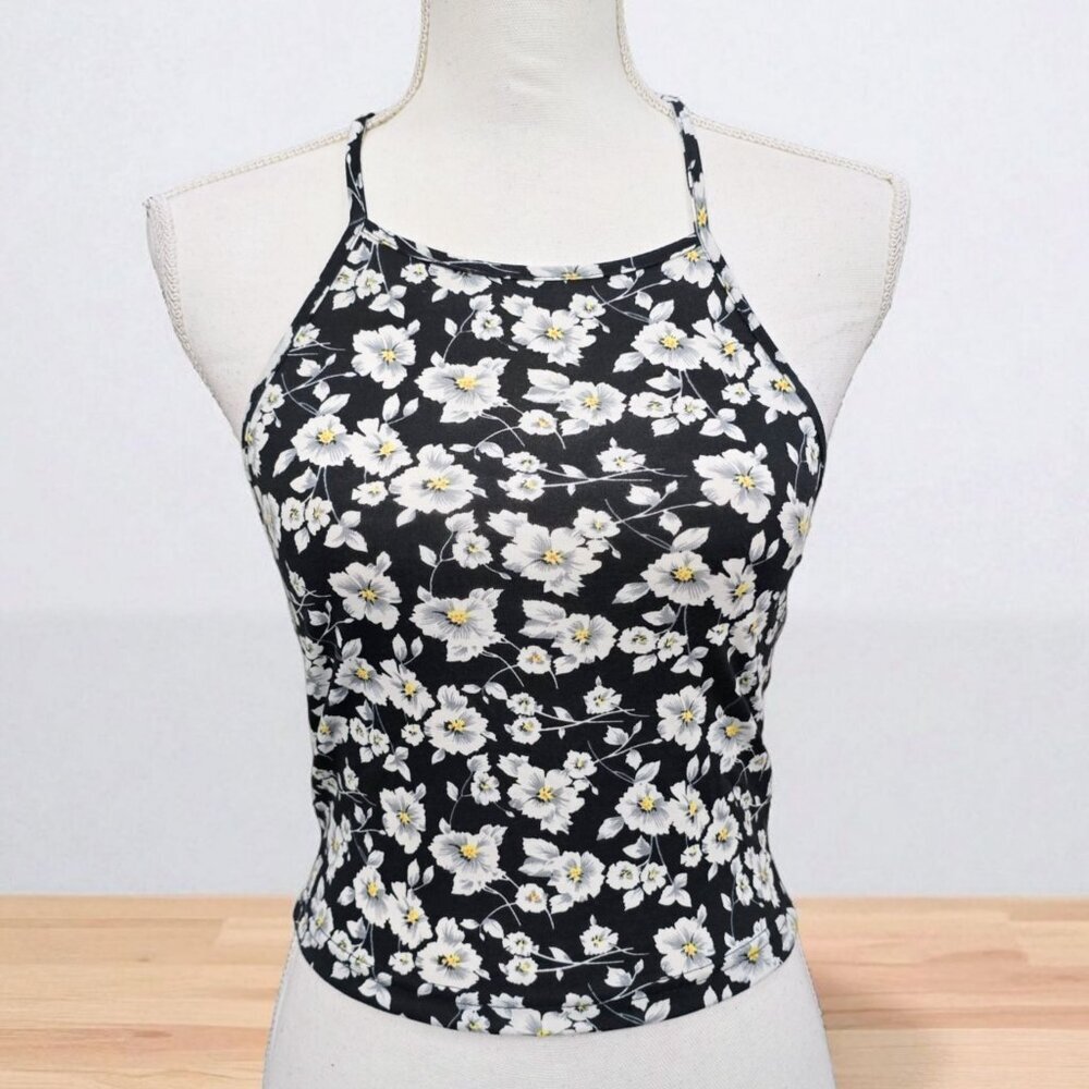 Floral Halter Neck Tank ✦ Black & White Print ✦ Tie-Back Stretch Fit Top S EUC